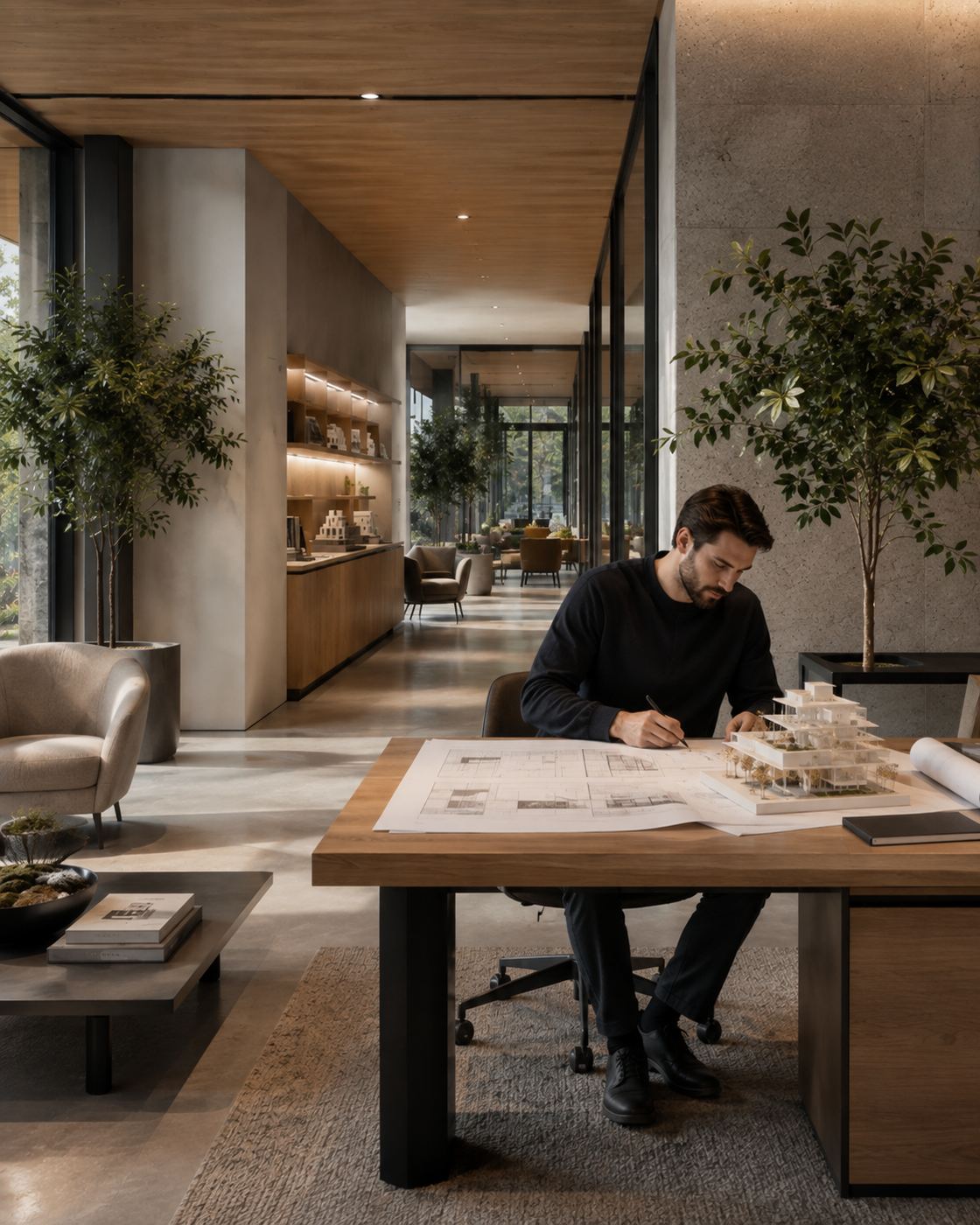 Arquiteto trabalhando sentado à mesa de projeto com maquete e desenhos, em ambiente amplo com vegetação e estantes iluminadas.