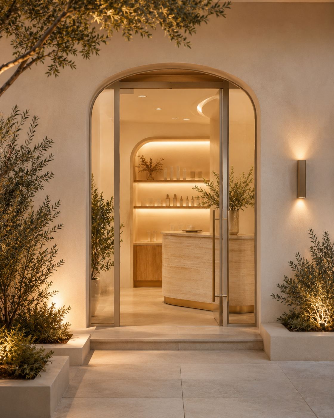 Fachada da clínica ao entardecer: portal em arco com esquadria dourada, paredes claras texturizadas, oliveiras nos canteiros e luz quente vinda de dentro.