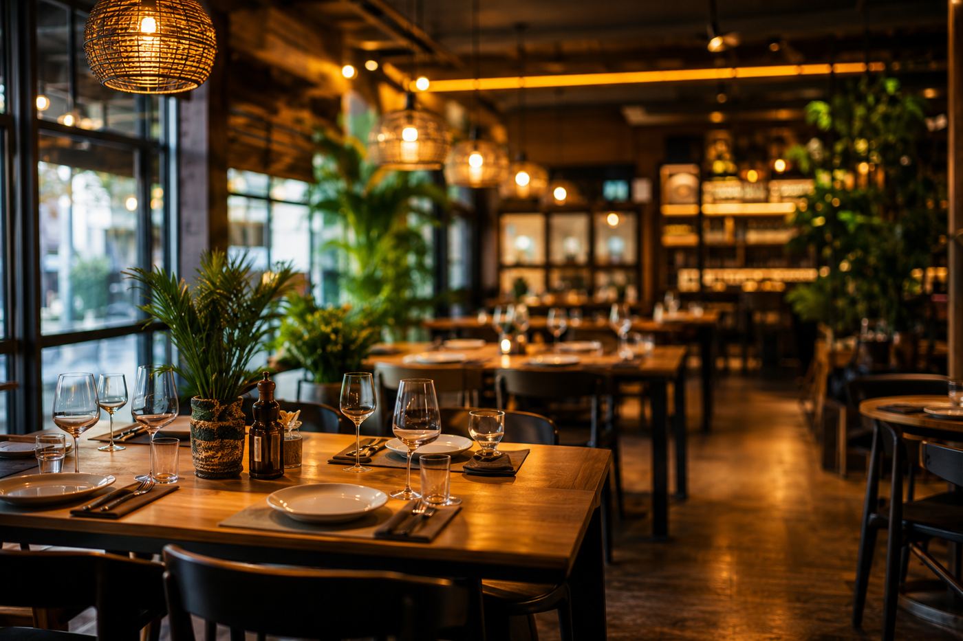 Salão do restaurante à noite: mesas de madeira postas, pendentes de filamento acesos, vegetação e janelas altas ao fundo.