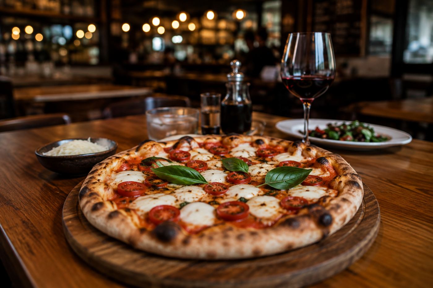 Pizza margherita recém-saída do forno sobre tábua de madeira, com manjericão fresco e taça de vinho tinto ao lado.
