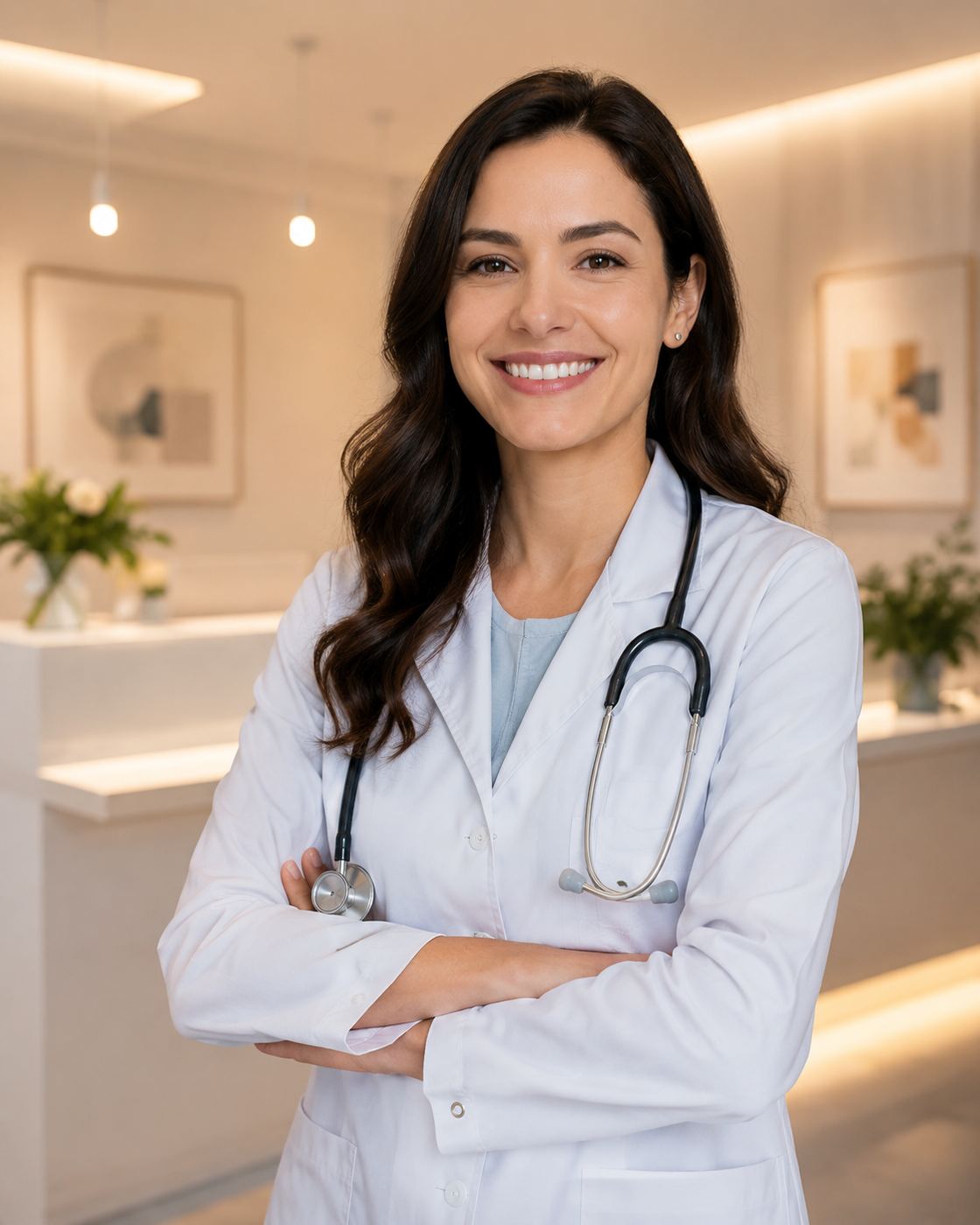 Médica de jaleco branco com estetoscópio, de braços cruzados, em recepção clara com quadros e plantas ao fundo.