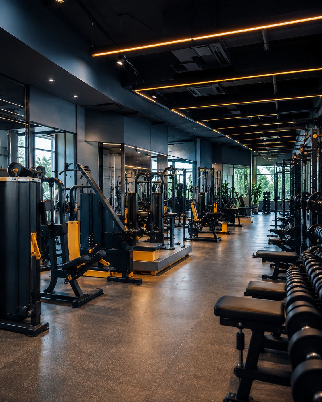 Corredor da sala de musculação com equipamentos alinhados, piso escuro e janelas com vegetação do lado de fora.