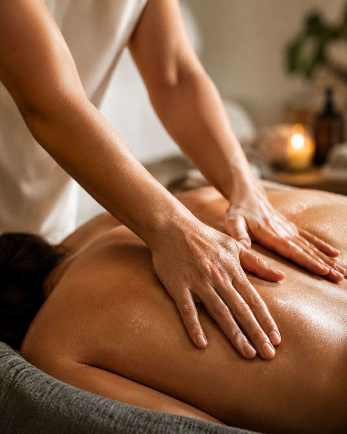 Mãos de terapeuta aplicando massagem nas costas de uma pessoa deitada, com vela acesa desfocada ao fundo.