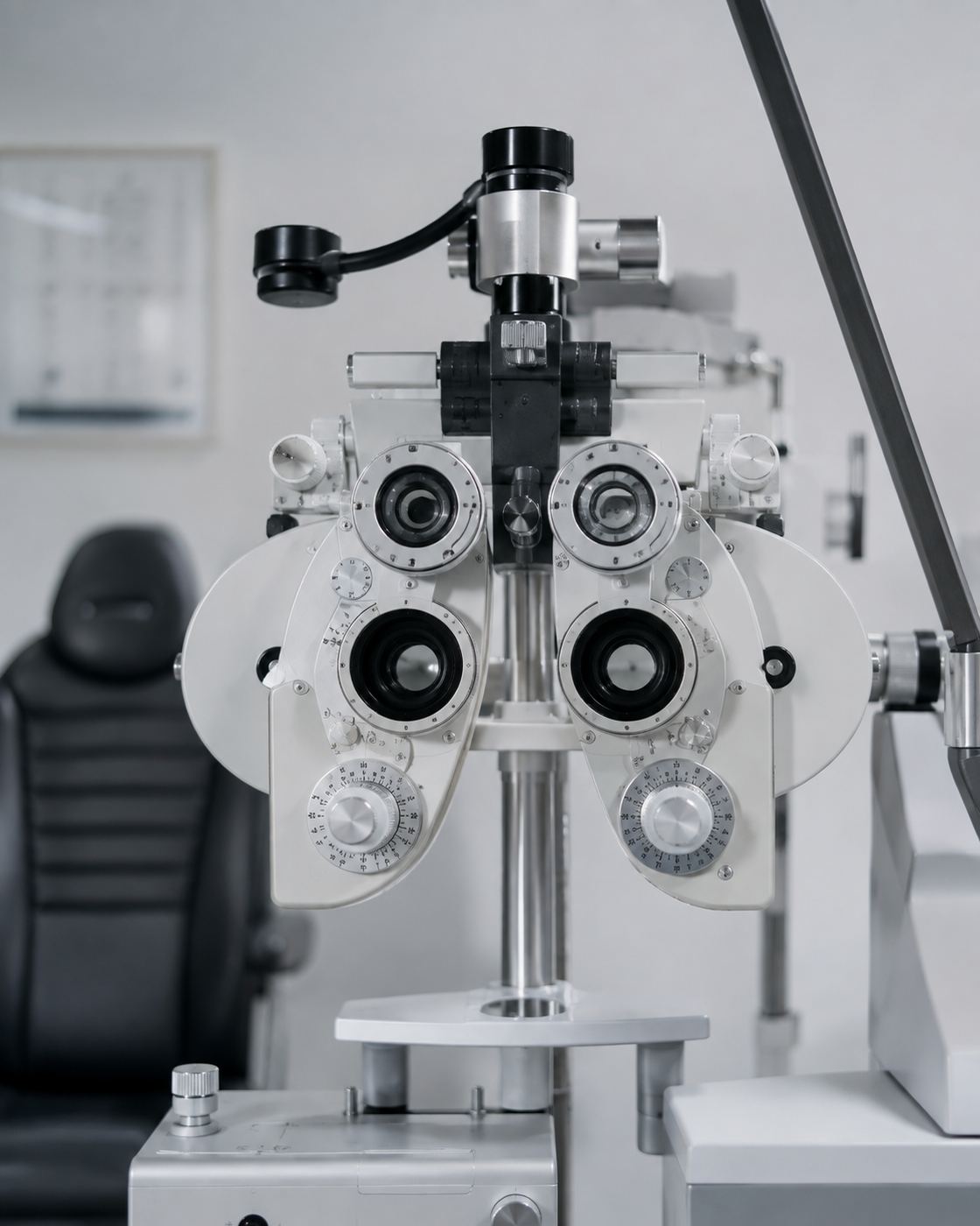 Refrator oftalmológico em primeiro plano, com poltrona de exame e equipamentos ao fundo em sala clara.
