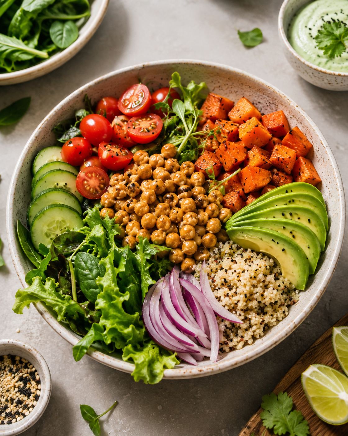 Bowl com folhas, tomate, pepino, grão-de-bico, abóbora assada, abacate, quinoa e cebola roxa, visto de cima.