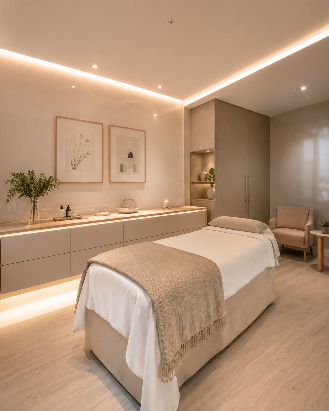 Sala de terapia com maca preparada, manta bege dobrada, quadros discretos e iluminação embutida quente.